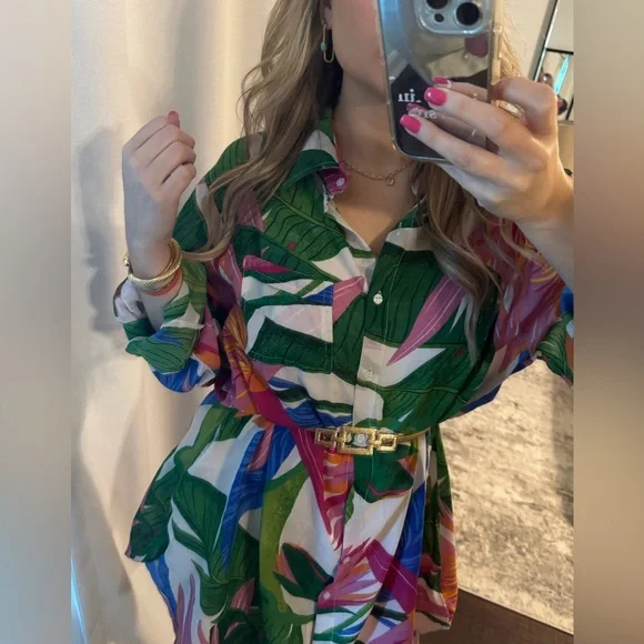 Colorful Tropical Print T-Shirt Dress / Blouse / Bathing Suit Cover Up - Picture 4 of 10